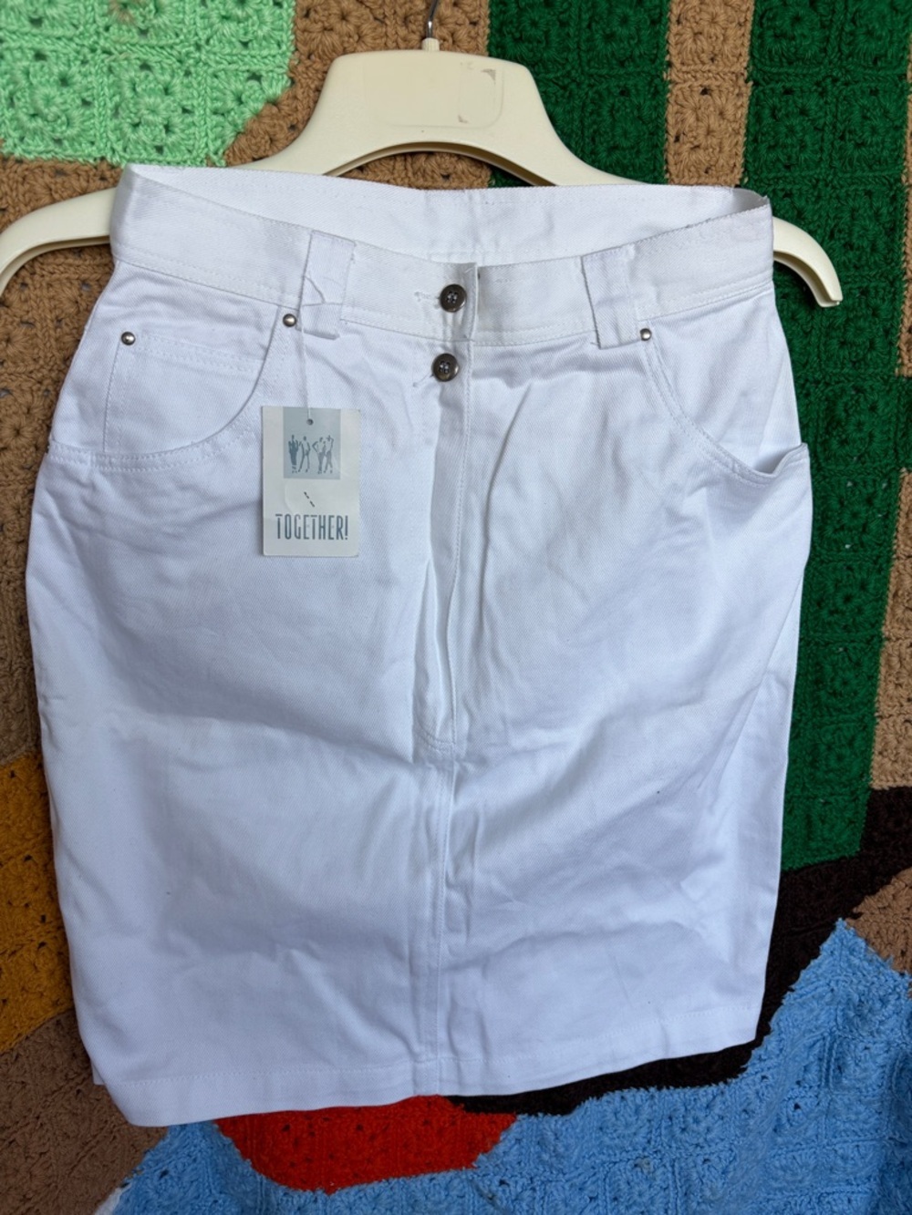 Vintage 80s Together White W/Lace Pockets High Waisted Denim Mini Skirt, sz 10